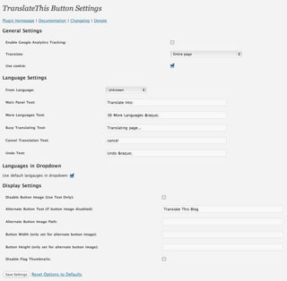 Translate This Button WordPress plugin settings